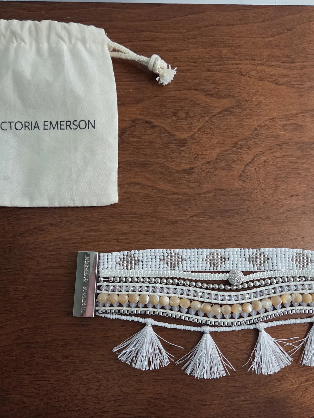 Victoria Emerson White Beaded Tassel Statement Bracelet
